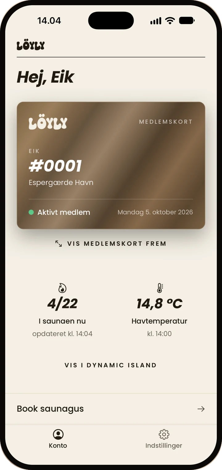 Löyly-appen: medlemskort, antal i saunaen nu og havtemperatur